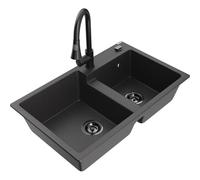 Mexen Tomas fregadero de granito de 2 compartimentos con grifo de cocina Elia, negro moteado - 6516-76-670101-70-B 20111 5905315031549