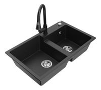 Mexen Tomas fregadero de granito de 2 compartimentos con grifo de cocina Elia, negro/plata metálica - 6516-73-670101-70 20101 5905315031440