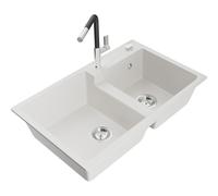 Mexen Tomas fregadero de granito de 2 compartimentos con grifo de cocina Flora, blanco - 6516-20-670401-07 21065 5905315062482