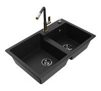 Mexen Tomas fregadero de granito de 2 compartimentos con grifo de cocina Flora, negro - 6516-77-670401-57-B 21110 5905315062932