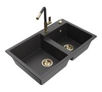 Mexen Tomas fregadero de granito de 2 compartimentos con grifo de cocina Flora, negro moteado - 6516-76-670401-57-G 21101 5905315062840