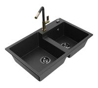 Mexen Tomas fregadero de granito de 2 compartimentos con grifo de cocina Flora, negro/plateado metálico - 6516-73-670401-57-B 21088 5905315062710