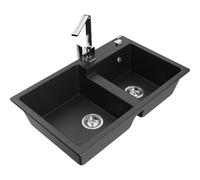 Mexen Tomas fregadero de granito de 2 compartimentos con grifo de cocina Rita, negro/dorado metálico - 6516-75-670300-00 17922 5905315021229