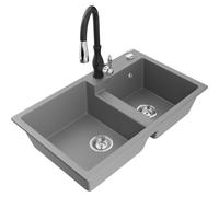Mexen Tomas fregadero de granito de 2 compartimentos con grifo de cocina Savita, gris - 6516-71-672601-70 18033 5905315036506