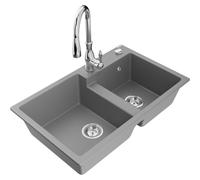 Mexen Tomas fregadero de granito de 2 compartimentos con grifo de cocina Savita, gris - 6516-71-672601-00 18029 5905315036483