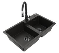 Mexen Tomas fregadero de granito de 2 compartimentos con grifo de cocina Savita, negro/dorado metálico - 6516-75-672601-70-B 18131 5905315036612