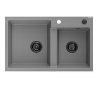 Mexen Tomas fregadero de granito de 2 cubetas 800 x 500 mm, gris, sifón negro - 6516802000-71-B 16379 5905315013538