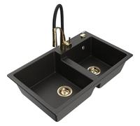Mexen Tomas fregadero de granito de 2 cubetas con grifo de cocina Aster, negro/dorado metálico - 6516-75-73450-57-G 19348 5905315048240