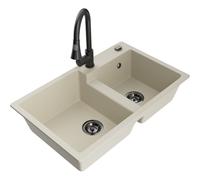 Mexen Tomas fregadero de granito de 2 cubetas con grifo de cocina Elia, beige - 6516-69-670101-70 20093 5905315031365