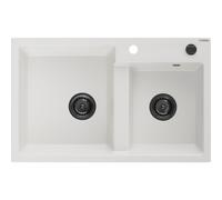 Mexen Tomas fregadero de granito de 2 senos 800 x 500 mm, blanco, sifón negro - 6516802000-20-B 16377 5905315013514
