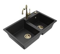 Mexen Tomas fregadero de granito de 2 senos con grifo de cocina Carla, negro/metálico plateado - 6516-73-670700-50 18606 5905315041685