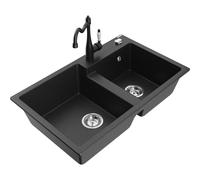 Mexen Tomas fregadero de granito de 2 senos con grifo de cocina Carla, negro/metálico plateado - 6516-73-670700-70 18609 5905315041692