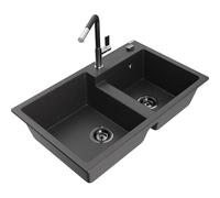Mexen Tomas fregadero de granito de 2 senos con grifo de cocina Flora, negro moteado - 6516-76-670401-07-B 21098 5905315062819