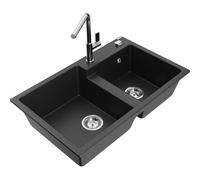 Mexen Tomas fregadero de granito de 2 senos con grifo de cocina Flora, negro/plateado metálico - 6516-73-670401-00 21084 5905315062673