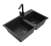 Mexen Tomas fregadero de granito de 2 senos con grifo de cocina Rita, negro/plateado metálico - 6516-73-670300-70-B 17919 5905315021212