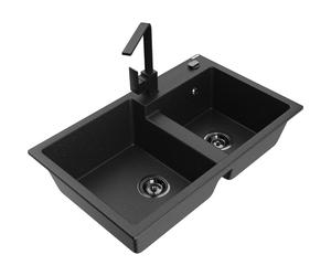 Mexen Tomas fregadero de granito de 2 senos con grifo de cocina Rita, negro/plateado metálico - 6516-73-670300-70-B 17919 5905315021212