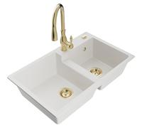 Mexen Tomas fregadero de granito de 2 senos con grifo de cocina Savita, blanco - 6516-20-672601-50 18012 5905315036421