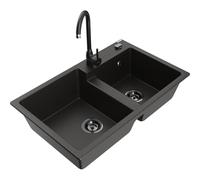 Mexen Tomas fregadero de granito de 2 senos con grifo de cocina Telma, negro/dorado metálico - 6516-75-670200-70-B 18664 5905315016140