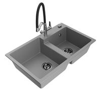 Mexen Tomas fregadero de granito de 2 tazones con grifo de cocina Duo, gris - 6516-71-671701-07-B 22967 5905315054838