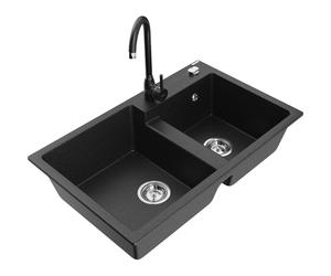 Mexen Tomas fregadero de granito de 2 tazones con grifo de cocina Telma, negro/plateado metálico - 6516-73-670200-70 18658 5905315016089