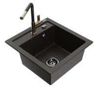 Mexen Vito fregadero de cocina de granito de 1 seno con grifo de cocina Flora, negro/dorado metálico - 6503-75-670401-57-B 20036 5905315057273