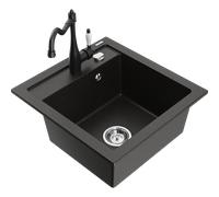 Mexen Vito fregadero de granito de 1 cubeta con grifo de cocina Carla, negro/dorado metálico - 6503-75-670700-70 16571 5905315038234