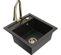 Mexen Vito fregadero de granito de 1 cubeta con grifo de cocina Elia, negro/oro metálico - 6503-75-670101-50 19536 5905315027931