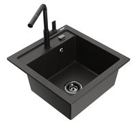 Mexen Vito fregadero de granito de 1 cubeta con grifo de cocina Flora, negro/metálico dorado - 6503-75-670401-70-B 20039 5905315057280