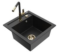 Mexen Vito fregadero de granito de 1 cubeta con grifo de cocina Flora, negro/plata metálico - 6503-73-670401-57-G 20022 5905315057204