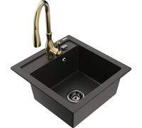 Mexen Vito fregadero de granito de 1 cubeta con grifo de cocina Savita, negro/oro metálico - 6503-75-672601-50-B 16858 5905315033093