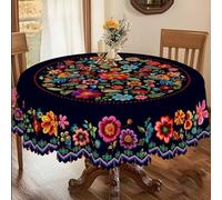 Mexican Folk Art Floral Tablecloth, Navy Blue with Colorful Embroidered Flowers, Rectangle Round with Scalloped Edge, Table Cover for Dining Room Party Picnic (59.84*59.84in(152*152cm), Redondo)