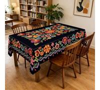 Mexican Folk Art Floral Tablecloth, Navy Blue with Colorful Embroidered Flowers, Rectangle Round with Scalloped Edge, Table Cover for Dining Room Party Picnic (55.12*78.74in (140*200cm), Rectangular)
