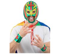 Smiffys Juego de accesorios de disfraz de luchador mexicano para adultos, incluye máscara de lucha libre colorida y puños de muñeca de estrella a juego, ideal para disfraces de despedida de soltero y