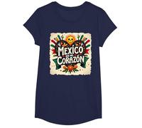 México En Mi Corazón Viva México Mujer Festive Skull Sun Camiseta, Niñas, Azul Marino, Mediano