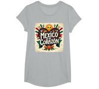 México En Mi Corazón Viva México Mujer Festive Skull Sun Camiseta, Niñas, Gris Jaspeado, Pequeña