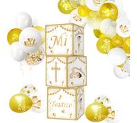 México Mi Bautizo Cajas decoraciones estereoscópicas doradas Mi Bautizo Boy Bautizo Cajas de bautizo con globos para niño Dios bendiga, decoración de fiesta de bautizo, fondo de foto, bebé niño primera comunión accesorios de fotografía centro de mesa (45 piezas)