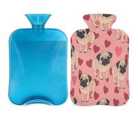 Mexpekil Animal Pug Dog Love Heart - Botella de agua caliente con funda, bolsa de agua caliente de PVC de 2 L para alivio del dolor, pies, espalda, calor
