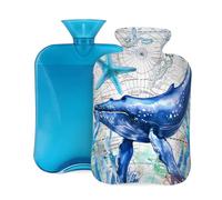 Mexpekil Blue Ocean - Bolsa de agua caliente con diseño de ballena y estrella de mar con tapa, bolsa de agua caliente de PVC de 2 L para aliviar el dolor, pies, espalda, calor