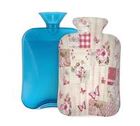 Mexpekil Bolsa de agua caliente abstracta con diseño de retazos de mariposas y rosas con funda, bolsa de agua caliente de PVC de 2 L para aliviar el dolor, pies, espalda, calor