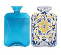 Mexpekil Bolsa de agua caliente con adorno floral de azulejos tradicionales con funda, bolsa de agua caliente de PVC de 2 L para aliviar el dolor, pies, espalda, calor