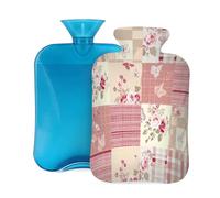 Mexpekil Bolsa de agua caliente con diseño de retazos de rosas y mariposas con funda, bolsa de agua caliente de PVC de 2 L para aliviar el dolor, pies, espalda, calor