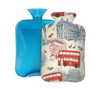 Mexpekil Bolsa de agua caliente con tapa, diseño de autobús del Big Ben de Londres, dibujada a mano, bolsa de agua caliente de PVC de 2 litros para aliviar el dolor, pies, espalda, calor