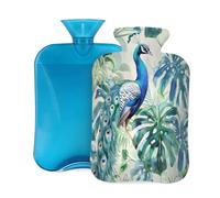 Mexpekil Bolsa de agua caliente con tapa, diseño de hojas de palma tropicales de pavo real, bolsa de agua caliente de PVC de 2 litros para aliviar el dolor, pies, espalda, calor