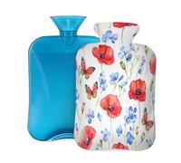 Mexpekil Bolsa de agua caliente con tapa, diseño de mariposas y amapolas rojas con tapa, bolsa de agua caliente de PVC de 2 litros para aliviar el dolor, pies, espalda, calor