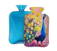 Mexpekil Bolsa de agua caliente con tapa para pintura al óleo, diseño de pavo real y pájaro, bolsa de agua caliente de PVC de 2 litros para aliviar el dolor, pies, espalda, calor