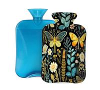 Mexpekil Bolsa de agua caliente con tapa y hojas de mariposa coloridas, bolsa de agua caliente de PVC de 2 litros para aliviar el dolor, pies, espalda, calor