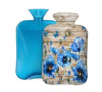 Mexpekil Bolsa de agua caliente con textura de madera de mariposa de amapola azul con tapa, bolsa de agua caliente de PVC de 2 litros para aliviar el dolor, pies, espalda, calor
