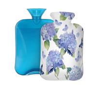 Mexpekil Bolsa de agua caliente de mariposa de hortensias con tapa, bolsa de agua caliente de PVC de 2 litros para aliviar el dolor, pies, espalda, calor