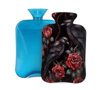Mexpekil Bolsa de agua caliente de PVC de 2 litros con tapa, diseño de cuervos de rosas de Halloween para aliviar el dolor, pies, espalda, calor