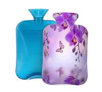 Mexpekil Bolsa de agua caliente de PVC de 2 litros con tapa, diseño de mariposa floral de orquídea morada para aliviar el dolor, pies, espalda, calor